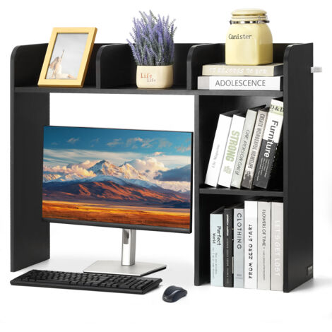 VEVOR Desktop Bookshelf, 2-Tier Desktop Storage Organizer, 37.2" x 9.5" x 28.9" Office Storage Rack Wood Display Shelf, Desktop Bookshelf Hutch with Anti-Slip Feet Pads, for Office, Home & Dorm, Black