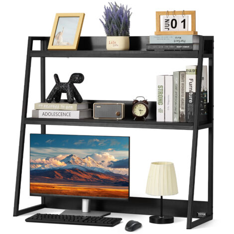 VEVOR Desktop Bookshelf, 2-Tier Desktop Storage Organizer, 37.4"x 12.6" x 35.4" Office Desk Storage Rack Display Shelf, Desktop Bookshelf Hutch with Anti-Slip Feet Pads, for Office, Home & Dorm, Black