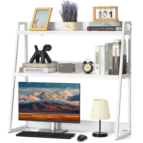VEVOR Desktop Bookshelf, 2-Tier Desktop Storage Organizer, 37.4"x 12.6" x 35.4" Office Desk Storage Rack Display Shelf, Desktop Bookshelf Hutch with Anti-Slip Feet Pads, for Office, Home & Dorm, White