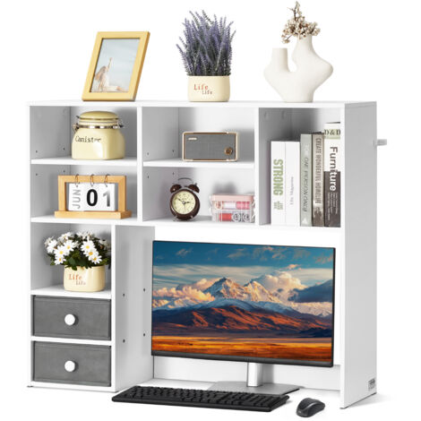 VEVOR Desktop Bookshelf, 3-Tier Desktop Storage Organizer, 37" x 10" x 31.1" Office Storage Rack Wood Display Shelf, Desktop Bookshelf Hutch with Two Fabric Drawers, for Office, Home & Dorm, White