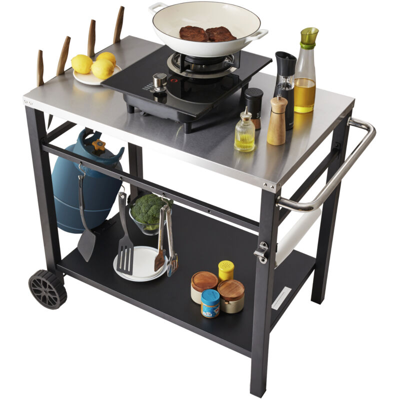 VEVOR Desserte Plancha a 2 Niveaux Chariot de Barbecue avec Grand Plan de Travail en Inox 85 x 55 cm Table de Barbecue sur Roulettes pour Four a