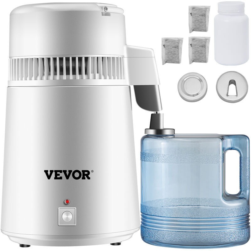 Vevor - 4L Destilador de Agua Filtro de Destilación de Agua de Acero Inoxidable con Recipiente de Plástico 750W 1 l/h, Blanco