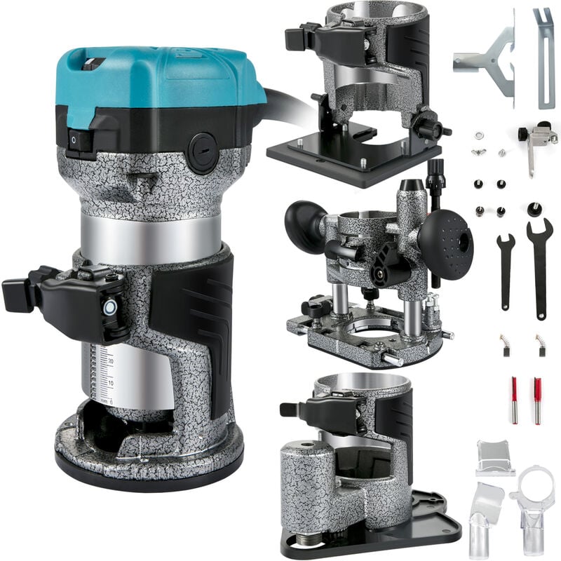 Vevor - Defonceuse Electrique 710 w Affleureuse a Bois avec 4 Bases Fixe+Inclinable+Plongeante+Decalee, Outil Routeur Flexible avec Meches 6 mm+8 mm