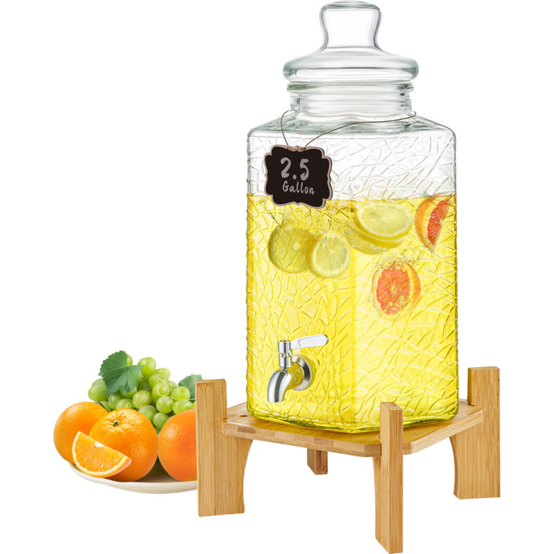 Distributeur de boissons de 2,5 gallons pour les fetes, distributeur de jus en verre avec support, robinet en acier inoxydable, distributeur de l'eau