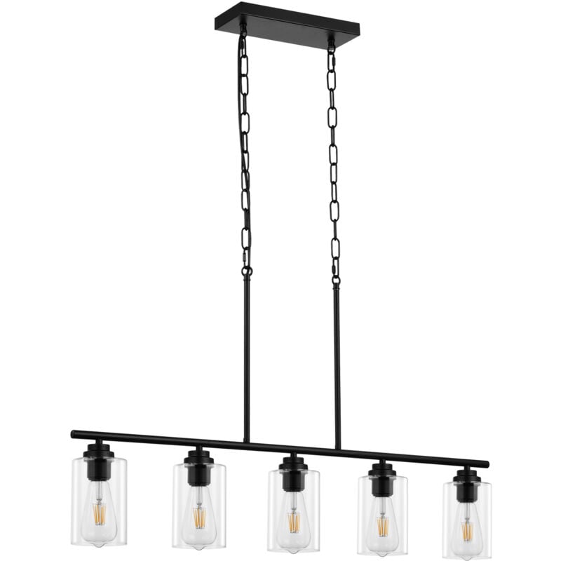 Eclairage deilot de cuisine, 5 lumieres, lampe suspension lineaire de ferme 60 w, avec abat-jour en verre transparent, 4 tiges et 2 chaines en metal,