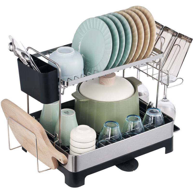 Egouttoir Vaisselle Cuisine 2 Niveaux Sechoir a Vaisselle Inox et pp Antirouille Porte-Vaisselle avec Bac d'Egouttage Porte-Ustensiles Amovible Bec
