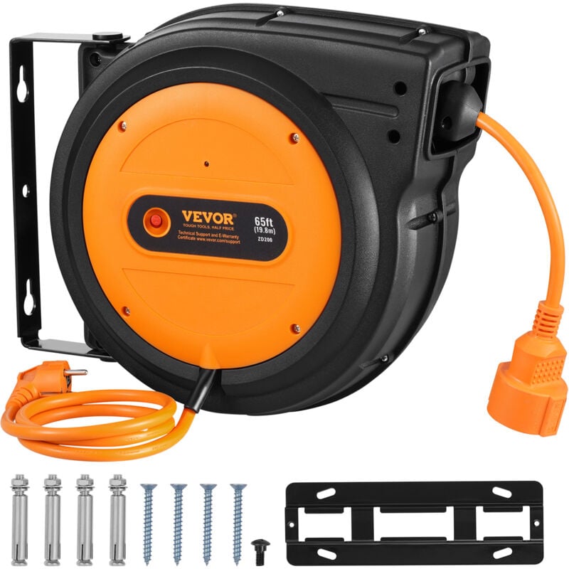 VEVOR Enrouleur de cable deextension retractable, 19 m, 1600 W avec cordon dealimentation 1 m protection contre la surchauffe, coque en PP, support
