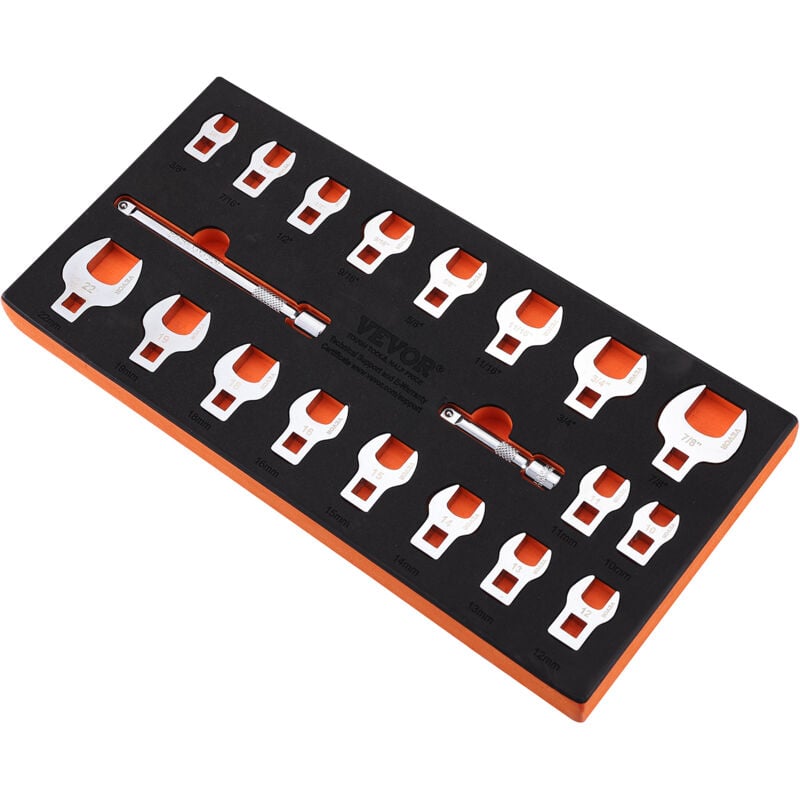 Vevor Ensemble de Cles a Pattes d'Oie 20PCs, Entrainement 3/8', Metrique 10-22 mm sae 3/8-7/8', Cle Pied de Biche en Acier 40Cr, 2 Barres