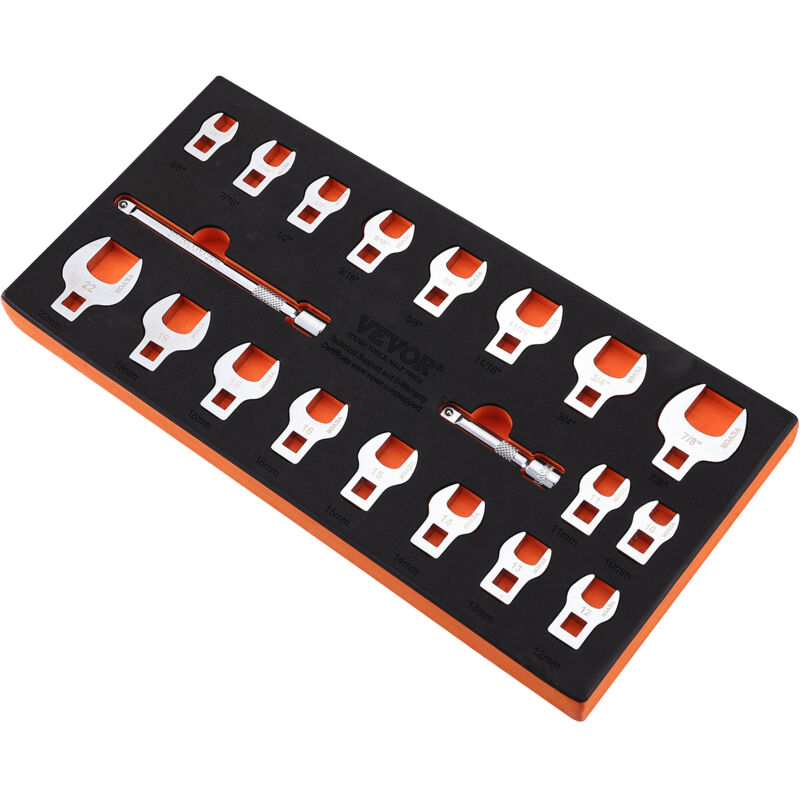 VEVOR Crowfoot-sleutelset, 3/8-inch aandrijving, 20-delige Crowfoot-sleutelset met 2 verlengstukken en EVA-gereedschapsorganizer, SAE 3/8-7/8 inch en metrisch 10-22 mm, 40CR-materiaal