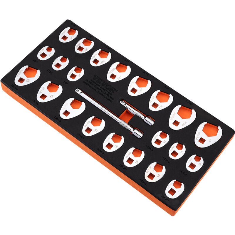 Vevor Ensemble de Cles a Pattes d'Oie 24PCs Entrainement 3/8', Cle Pied de Biche sae 3/8'-1' Metrique 10-22 mm, en Acier cr-mo avec Mallette,