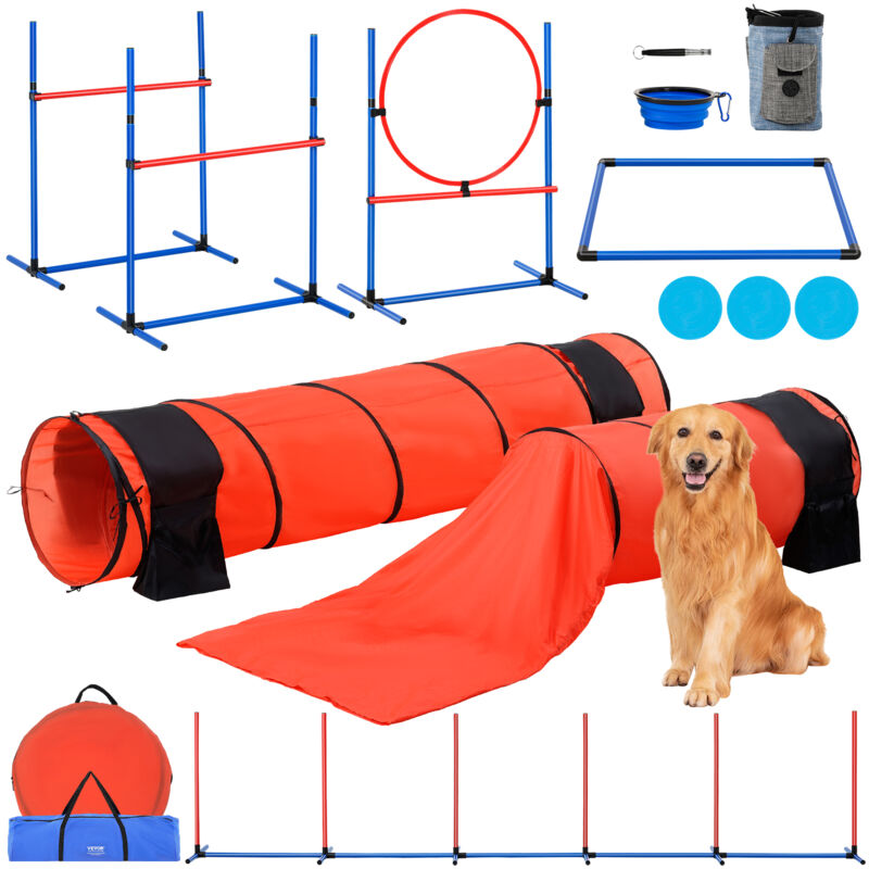 Vevor - Equipements deEntrainement Agilite pour Chien, Ensemble 7PCS, Parcours Obstacles pour Chiot, Haies Hautes Reglables, 6 Poteaux, 2 Tunnels,