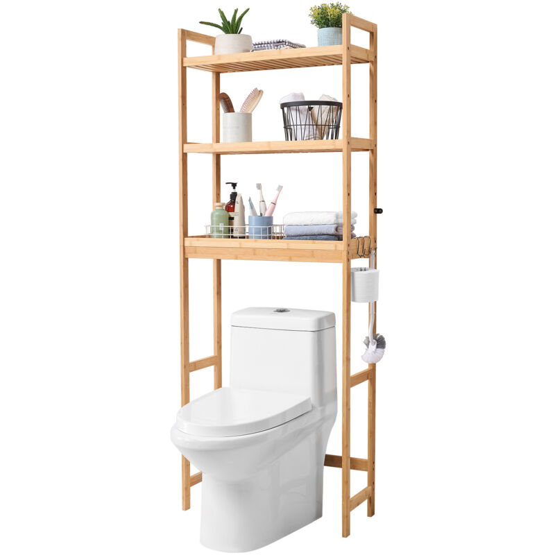 VEVOR Etagere WC, Meuble de Rangement au-Dessus des Toilettes Reglable a 3 Niveaux, Etagere de Salle de Bain Autoportante, avec 3 Crochets,