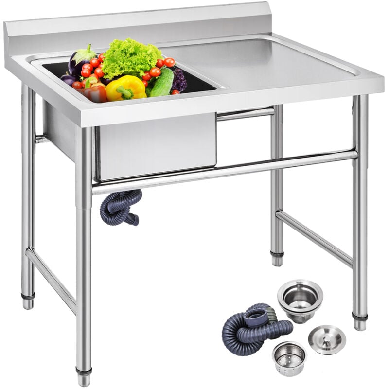 Evier Inox de Cuisine 1 Bac Evier sur Pieds en Acier Inox Anti-Eclaboussures Lavabo Inox Professionnel pour Faire la Plonge Cuisine de Restaurants,