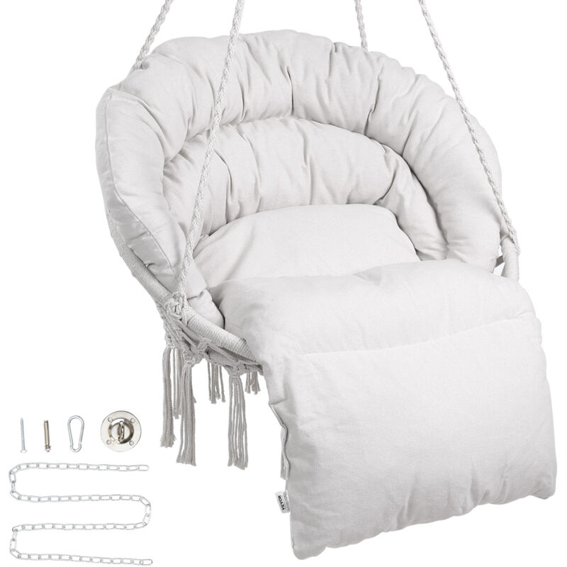 Fauteuil suspendu, 150 kg, chaise suspendue pivotante macrame, coussin, materiel de montage, corde en coton, chaise relax a franges, pour chambre,