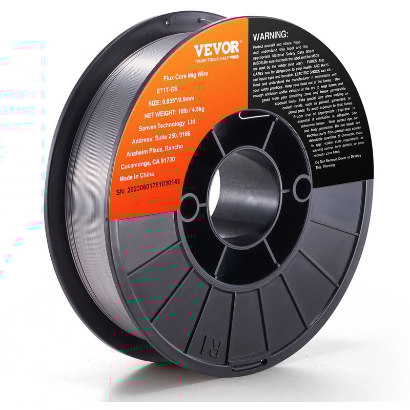 Vevor Fil de Soudage 0,9 mm 4,5 kg Fil de Soudure mig E71T-GS Bobine de Fil a Souder Noyau Flux Acier Doux Sans Gaz 200 mm Resistance Traction 560