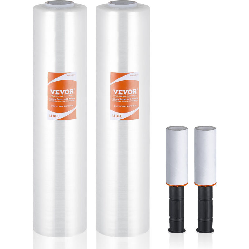 Vevor Film etirable, 38,1 cm x 305 m, rouleaux de film transparent etirable et durable, lot de 2, calibre 60, film robuste etirable avec poignees