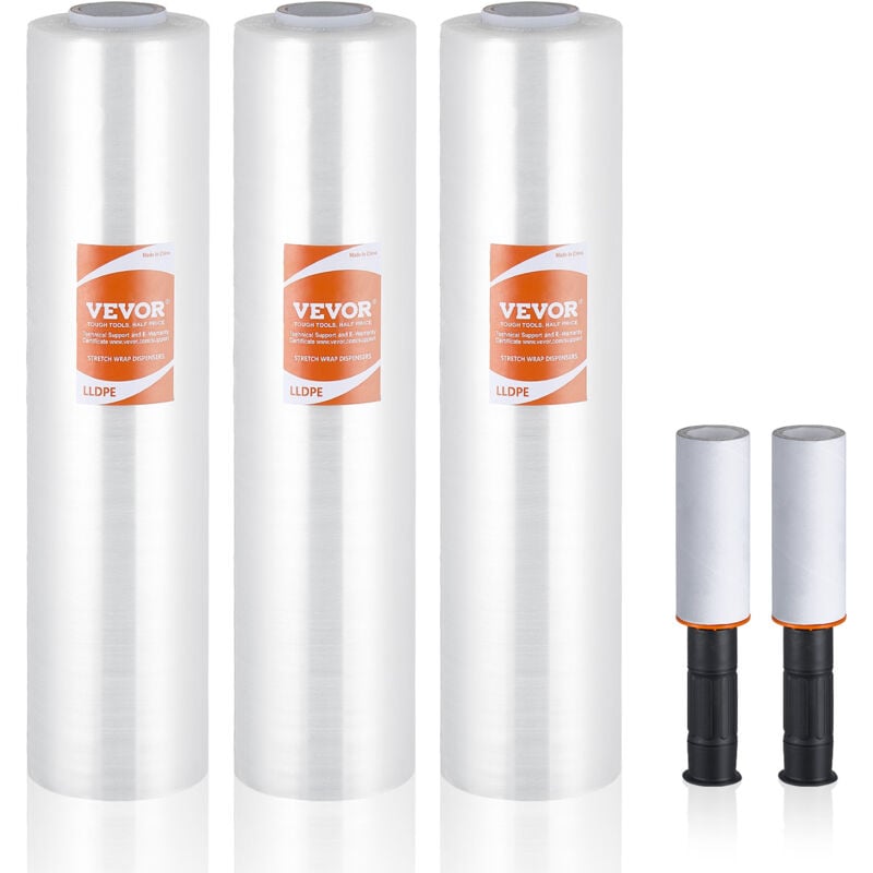 Vevor Film etirable, 38,1 cm x 305 m, rouleaux de film transparent etirable et durable, lot de 3, calibre 60, film robuste etirable avec poignees