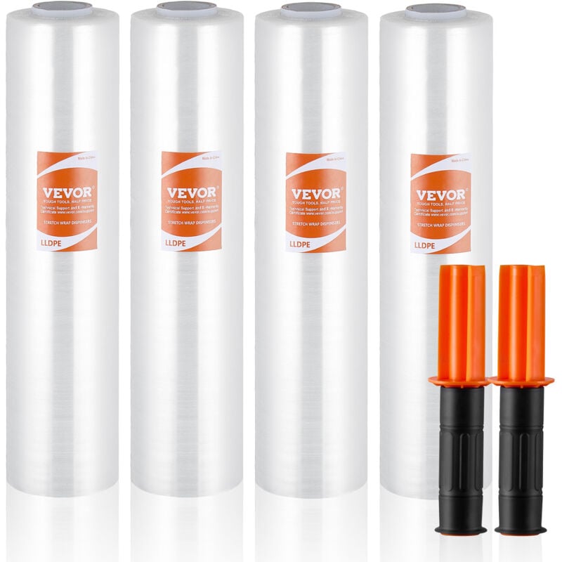 Vevor Film etirable, 38,1 cm x 305 m, rouleaux de film transparent etirable et durable, lot de 4, calibre 60, film robuste etirable avec poignees