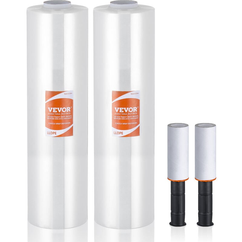 Vevor Film etirable, 38,1 cm x 366 m, rouleaux de film transparent etirable et durable, lot de 2, calibre 80, film robuste etirable avec poignees