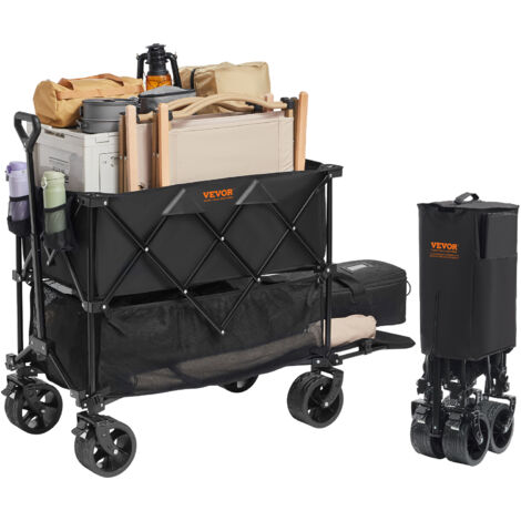 VEVOR Foldable Double Decker Wagon, 400L Collapsible Wagon Cart with All-Terrain Wheels, Heavy Duty Folding Wagon Cart 350-450 lb Weight Capacity for Camping, Shopping, Garden, 52" Extra Long Extender