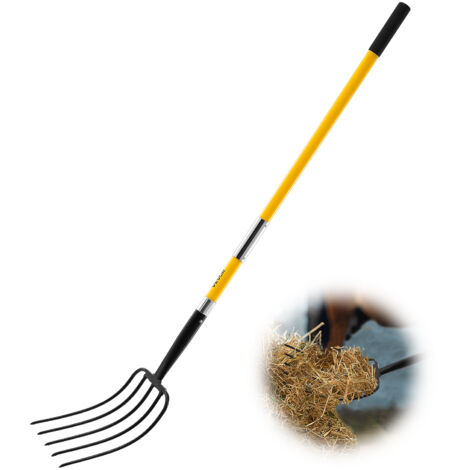 VEVOR Forca da Giardino, a 5 Punte con Manico in Fibra di Vetro, Forca per Giardinaggio Resistente da 1450 mm con Impugnatura a Y, Forca da Giardino in Acciaio Forgiato per Fieno, Compostaggio