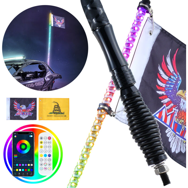 Vevor Fouet Lumineux led de 91 cm avec Base a Ressort, Telecommande app et rf, Etanche a 360° en Spirale rvb avec 2 Drapeaux, Eclairage pour utv,