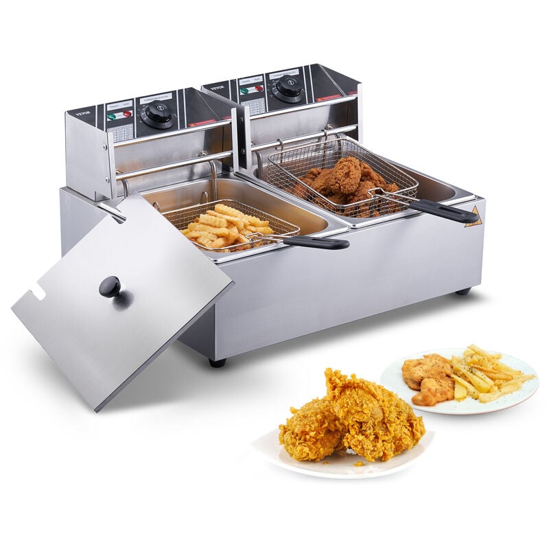 VEVOR Friteuse Electrique Commerciale 20 L Contenant 12 L de lHuile 5000 W 2 Cuves Friteuse a Huile en Inox 2 Paniers a Frire Couvercles Temperature