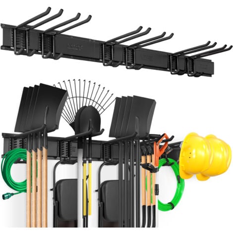 VEVOR Garage Tool Organizer, 800 lbs Max Load Capacity, Wall Mount Yard Garden Storage Rack Organization Heavy Duty with 6 Adjustable Hooks and 3 Rails, for Garden Tools, Shovels, Trimmers, and Hoses