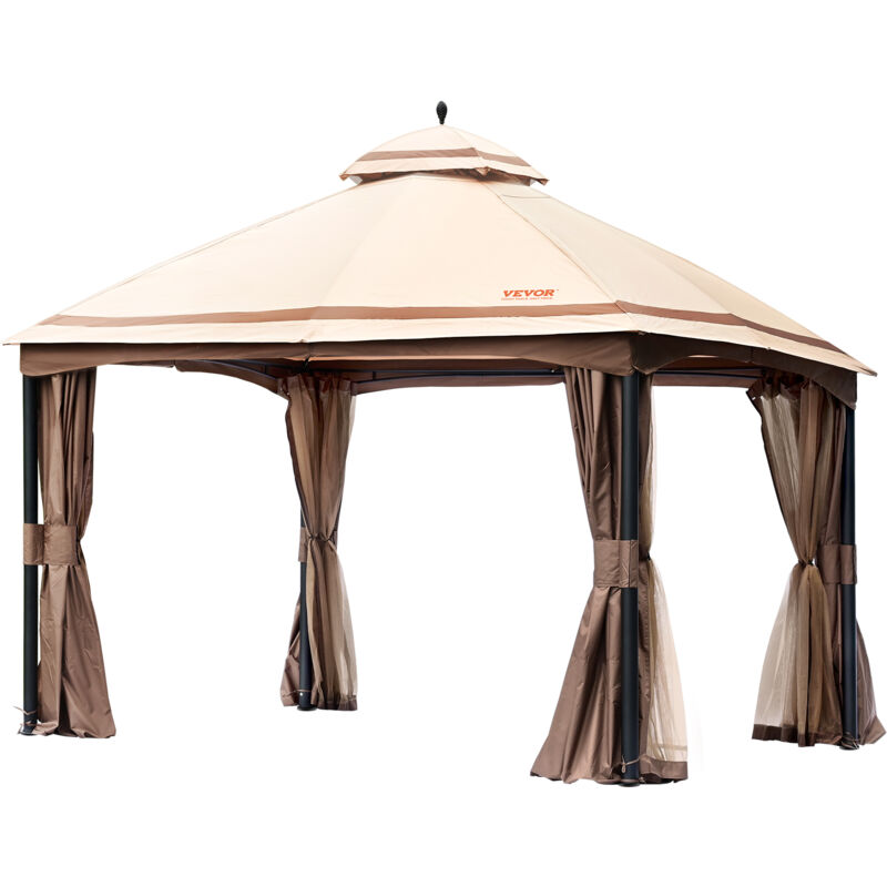 Vevor Gazebo de Jardin 383x383 cm Tonnelle de Terrasse avec Moustiquaire pour 10-12 Personnes avec Cadre Metallique et Polyester 180 g Revetement pu,