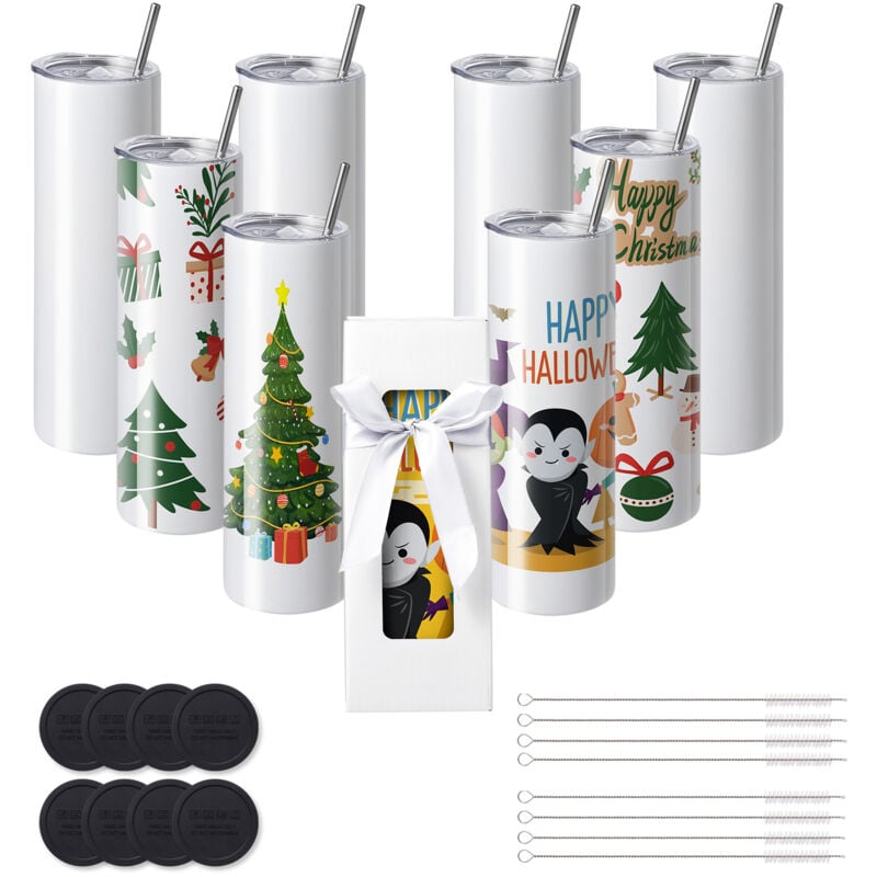 Vevor Gobelets Thermos a Sublimation de 89 cL, 8PCs, Fins et Droits, Bouteille Sublimable en Acier Inoxydable, Vierges, a Double Paroi, Cadeaux
