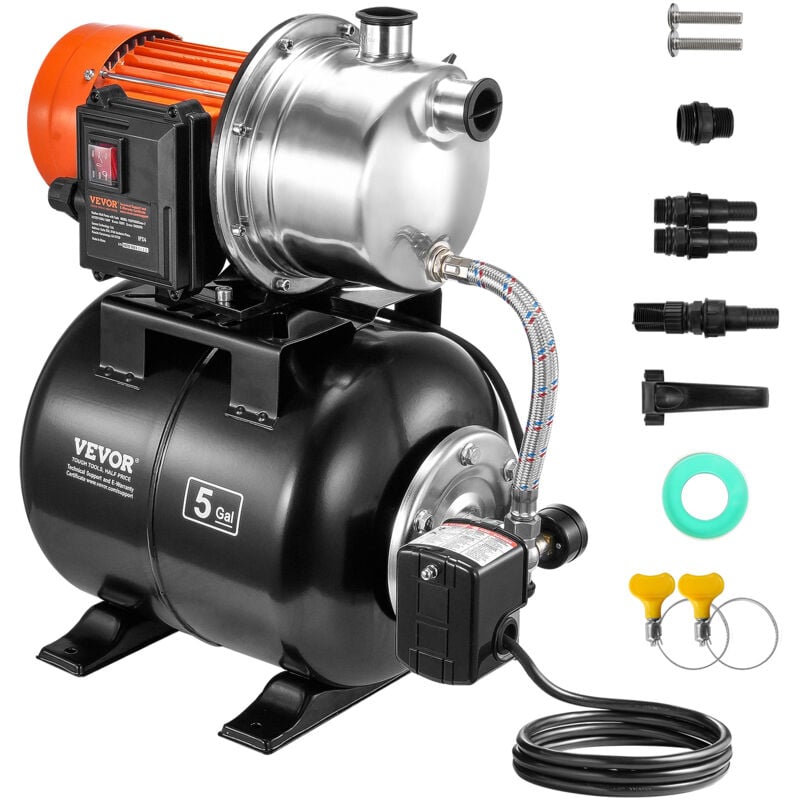 Groupe de Surpression, 735 w, Pompe de Puits Peu Profonde avec Reservoir sous Pression 19 l, 3785 L/h, Tete 39,6 m, Aspiration 8 m, Pressostat 20/40