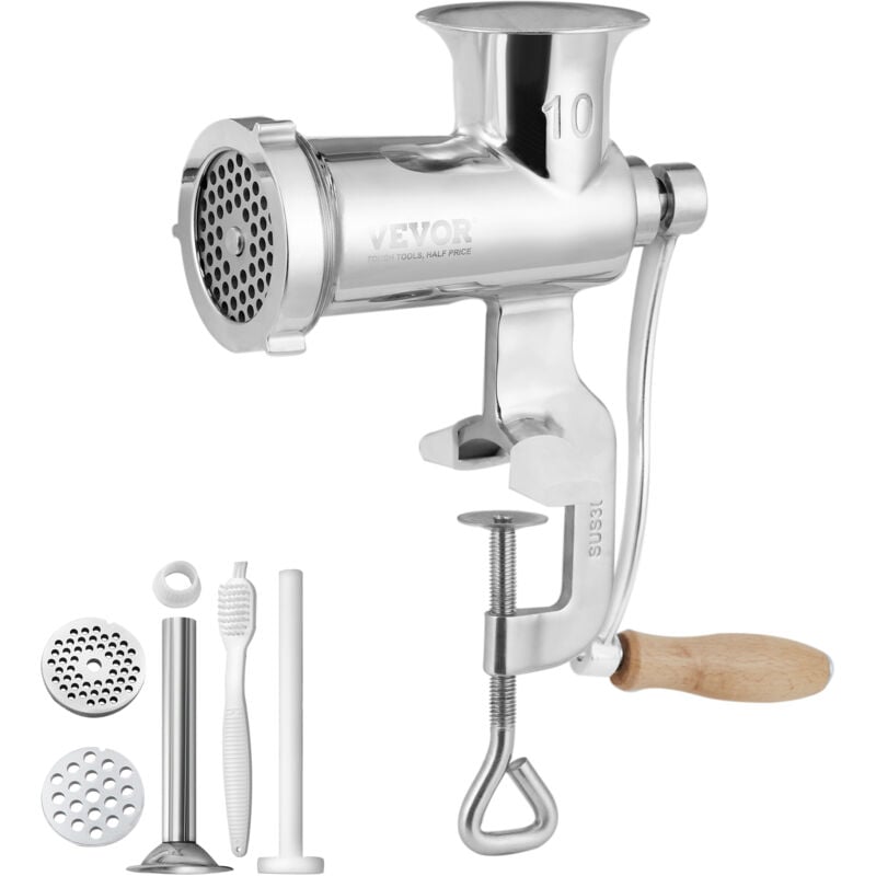 Vevor - Hachoir a Viande Manuel en Inox Alimentaire Hachoir Manuel a Manivelle 2 Plaques de Broyage 5 mm 8 mm Poussoir a Saucisses avec Tube Fixation