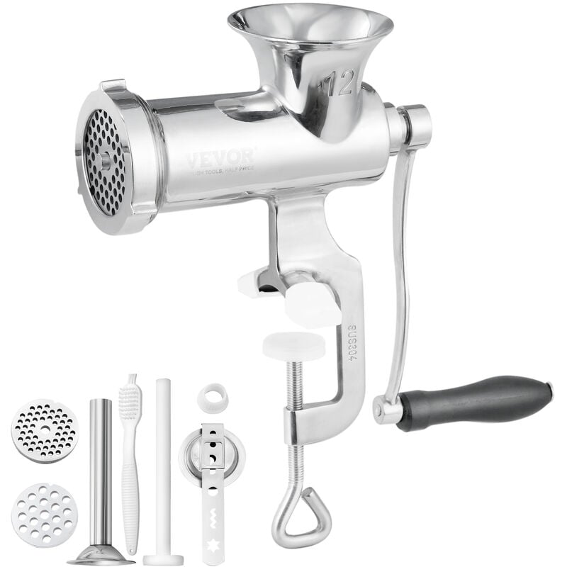Vevor - Hachoir a Viande Manuel en Inox Alimentaire Hachoir Manuel a Manivelle 2 Plaques de Broyage 5/8 mm Poussoir a Saucisses Fixation Ferme