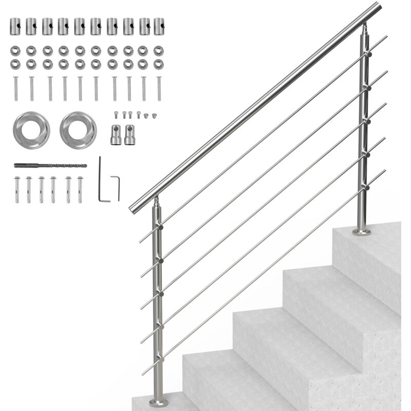 Handrails for Outdoor Steps, 59 in Length 5 Crossbars Stair Hand Rail Kit, Transitional Stainless Steel Railings w/ Installation Kit, Double-column