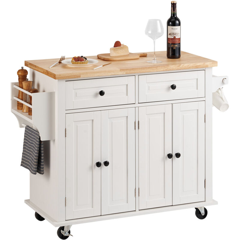VEVOR Îlot Central 90x45 cm Desserte de Cuisine a Roulettes 2 Armoires 2 Tiroirs Meuble de Cuisine avec Plan de Travail en Bois Massif Porte-Epices