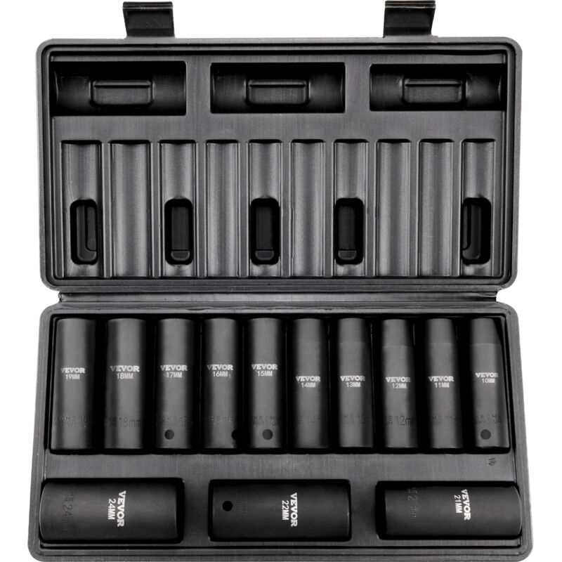 VEVOR professionele dopsleutelset CR-V gelegeerd staal 13-delige dopsleutelset 10-24 mm diepe doppen slagmoersleutel, HRC 42-48 dopsleutel inclusief gereedschapskoffer, metrische schroefverwijderaar