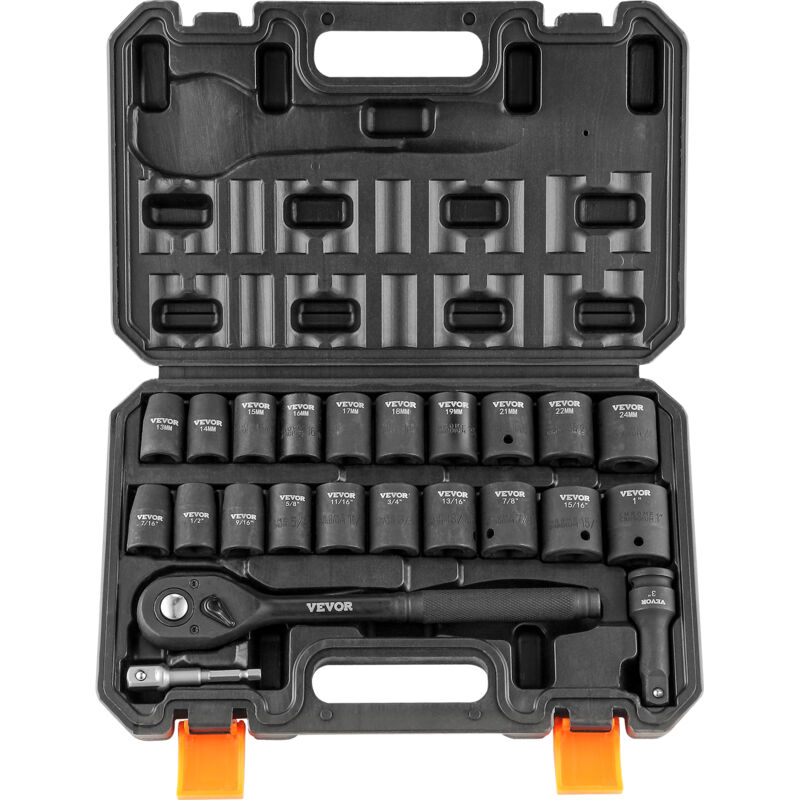 VEVOR Jeu de Douilles a Choc 1/2" Jeu de 20 Douilles a Impact avec Outil a Cliquet 13-24 mm 7/16-15/16 po 6 Pans Acier Allie CR-V HRC 42-48 Repere de