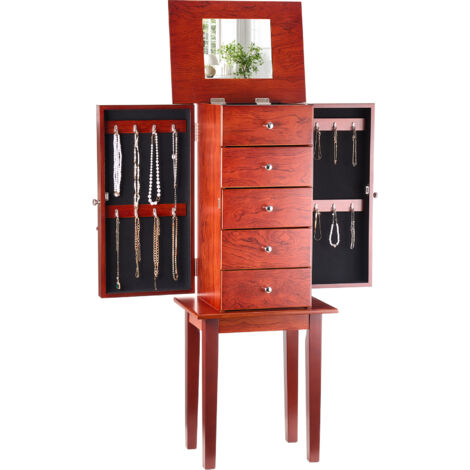 VEVOR Jewelry Cabinet Armoire, Standing Wood Jewelry Storage Chest with 4 Spacious Drawers, Flip Top Mirror, 4 Top Storage Compartments, Zinc Alloy Handles, 2 Side Doors with 16 Necklace Hooks