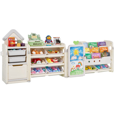 VEVOR Kids Toy Storage with Bookshelf, 4-Tier Large Toy Storage Organizer with 10 Plastic Movable Bins, Kids Cubby Cabinet with Bookshelf and Drawing Board for Study Room, Playroom, Classroom, Nursery