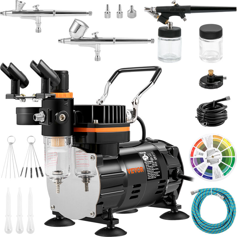 Image of Vevor - Kit Compressore a Doppia Azione Potenza 120 w, Pistola Aerografo Velocita del Flusso da 18-23 L/min con Kit Aerografo da 0.2/0.3/0.8 mm,