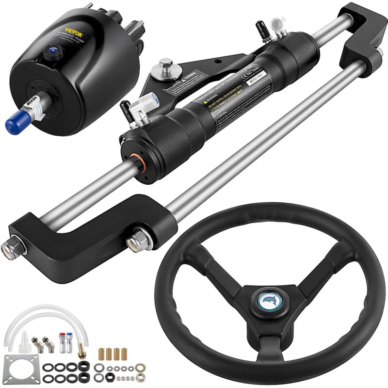 Vevor Kit de Direction Hydraulique pour Bateau 300 hp, Cylindre de Direction Hors-bord, avec Pompe et Volant, sans Tuyau de Direction Hydraulique,