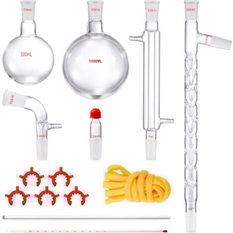 MOPHORN VEVOR Kit de Distillation de Laboratoire, Kit de Verrerie de Laboratoire en Boro 3,3 avec Joints 24/40, Appareil de Distillation deHuile Essentielle de 1000 mL, Ensemble de 14 Pieces de Verrerie