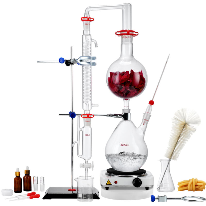 Vevor - Kit de Distillation deHuile Essentielle 28PCs, Appareil de Distillation de 2000 mL, Kit de Distillation de Verrerie de Laboratoire Boro 3,3