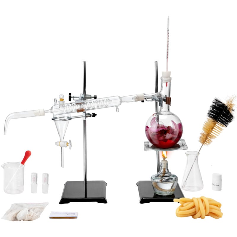 Vevor Kit de Distillation deHuiles Essentielles, Appareil de Distillation de 500 mL, Kit de Verrerie de Labo Boro 3,3 avec Lampe a Alcool, Maille en