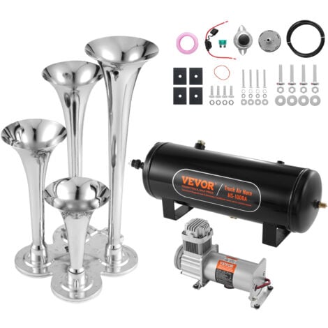 VEVOR Kit de Klaxon 4 Trompettes 150 dB Klaxon de Voiture avec Compresseur deAir 110-160 psi Reservoir deAir 10 L Avertisseur Sonore Pneumatique Universel