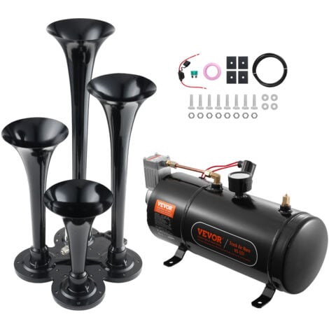 VEVOR Kit de Klaxon 4 Trompettes 150 dB Klaxon de Voiture avec Compresseur deAir 90-120 psi Reservoir deAir 3 L Avertisseur Sonore Pneumatique Universel pour Tout Vehicules 12 V Trains Bateaux Auto