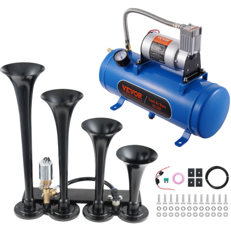 VEVOR Kit de Klaxon 4 Trompettes 150 dB Klaxon de Voiture avec Compresseur deAir 90-120 psi Reservoir deAir 6 L Avertisseur Sonore Pneumatique Universel pour Tout Vehicules 12 V Trains Bateaux Auto