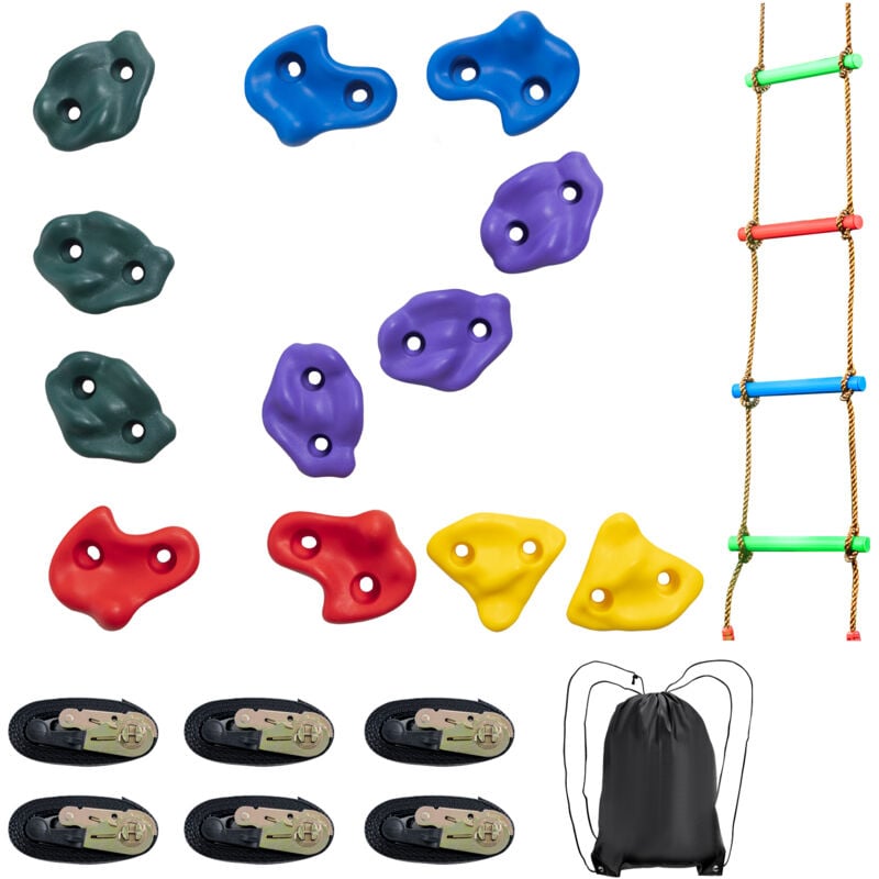 Kit deascension pour arbre ninja, comprenant 12 poignees deescalade, 6 sangles a cliquet securisees et une echelle ascendante. Concu pour les enfants
