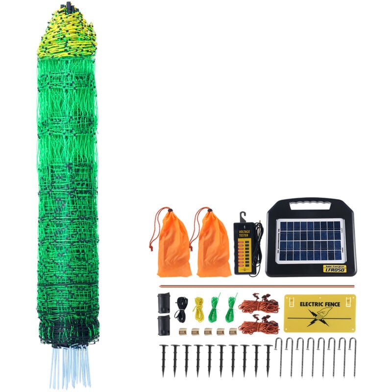 Vevor Kit filet de cloture electrique 1,21x30,48 m cloture filet pe avec chargeur solaire/poteaux/piquets a double pointe, maille portable utilitaire