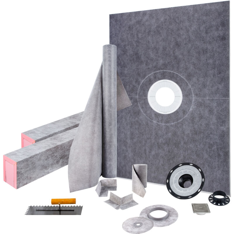 Kit receveur de douche 965x1524 mm seuil de douche etanche avec drain central pvc, grille acier inoxydable 10 cm, 2 bordures de douche et truelle
